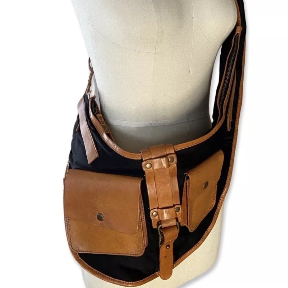 Free People Blue Ridge Sling Saddle Bag Black Brown Leather Crossbody Purse